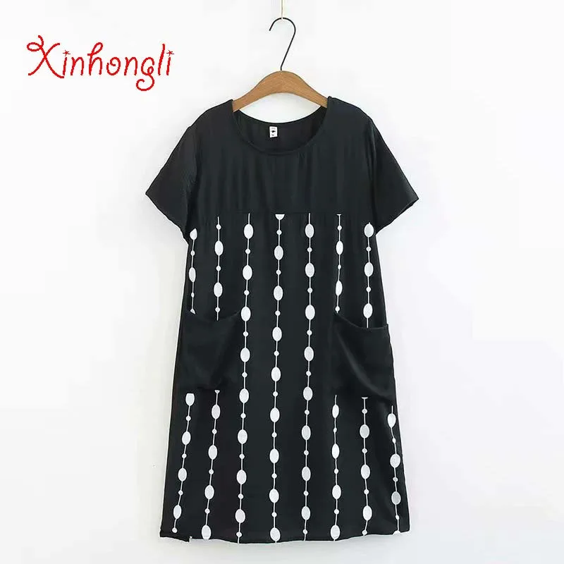 

Plus size dot patchwork pockets linen women dresses 2019 summer O-Neck short sleeve A-line ladies dress female vestidos