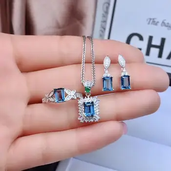 

elegant bule Topaz gemstone ring earring and necklace jewelry set natural gem good color 925 sterling silver girl party gift