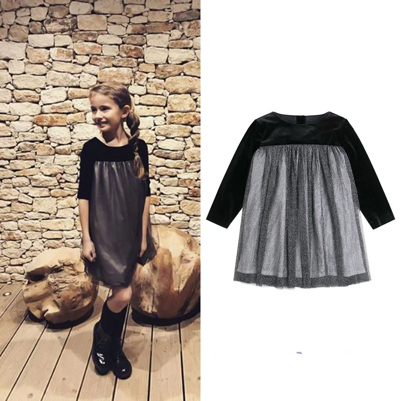 Новое весенне-осеннее черное бархатное платье для девочек, блестящее серебряное сетчатое платье на заказ