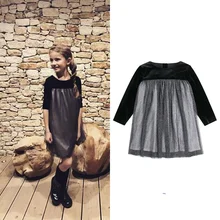 Новое весенне-осеннее черное бархатное платье для девочек, блестящее серебряное сетчатое платье на заказ