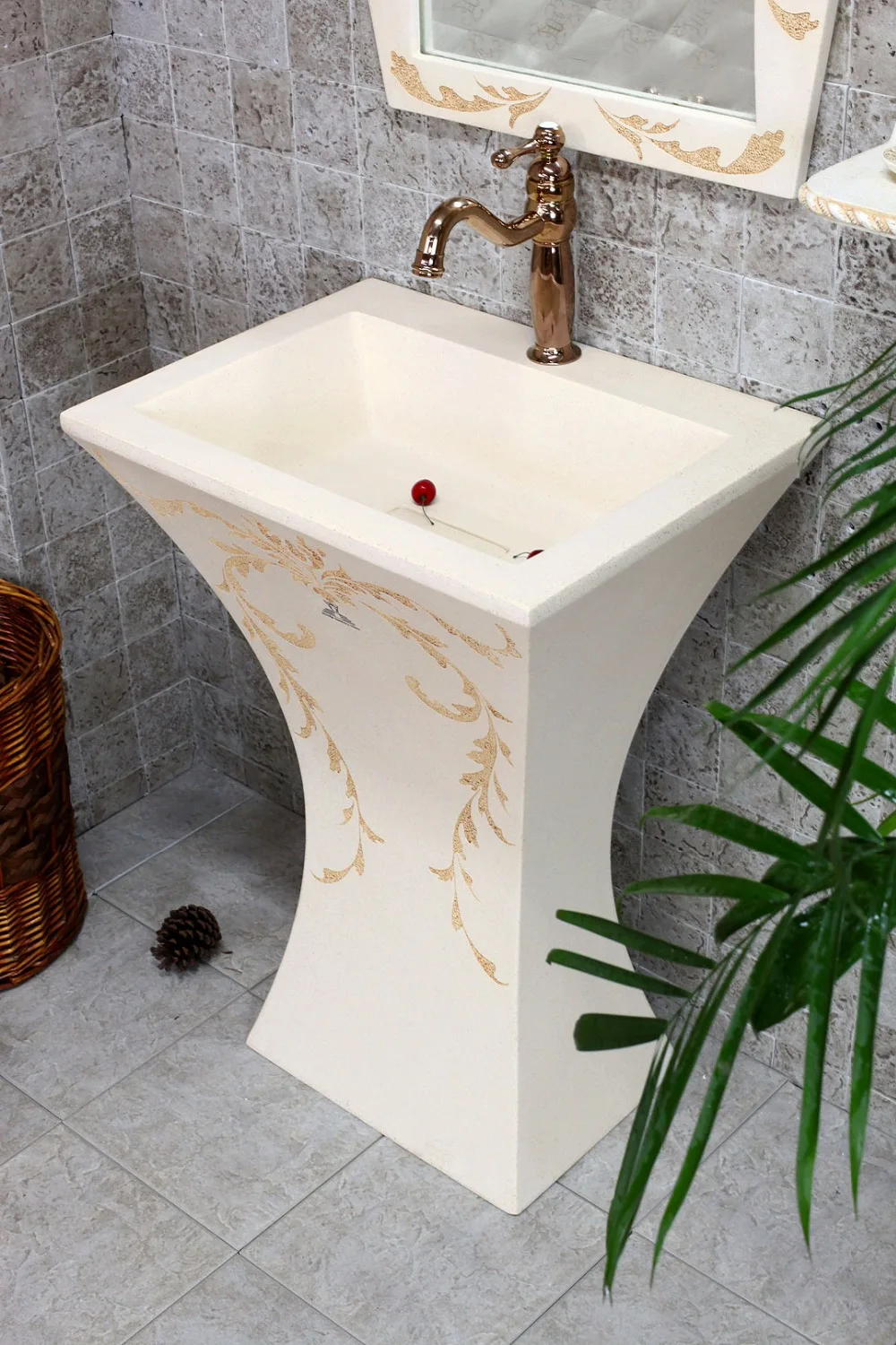 

European archaize luxury of carve patterns or designs on woodwork waist lavabo. Toilet environmental basin