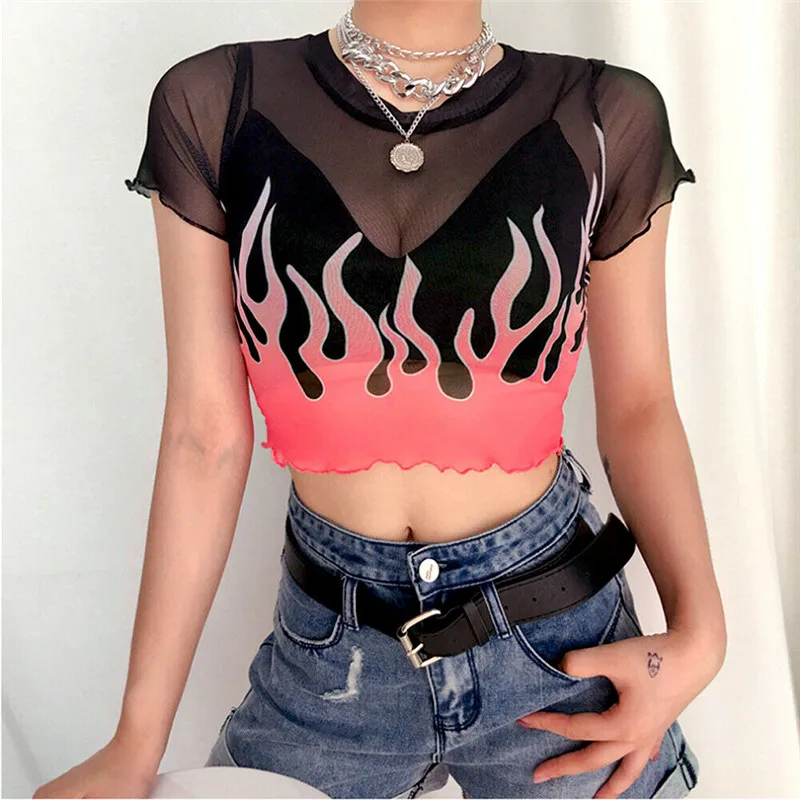 

Fashion New Tee Shirt Femme Women Sheer Mesh Short Sleeve Crew Neck See-Through Crop Tops T-Shirt T shirt Women O-neck