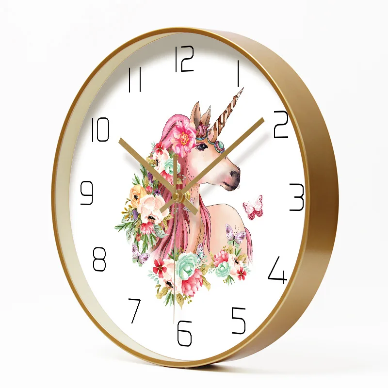 Прекрасный единорог Металл настенные часы Home Decor Кварц развертки движения для комнаты девушки 30cm12inch девочек, детские Единорог и цветок