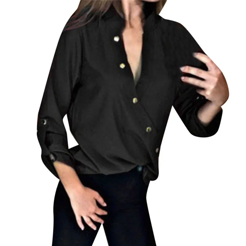 Female V Neck Solid Button Blouse Shirt Tops Casual Long