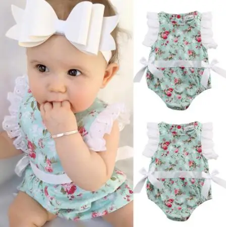 

2019 Summer Cute Newborn Toddler Baby Girl Clothes Flower Bow Clothing Lace Floral Bodysuit Infant playsuit Outfits