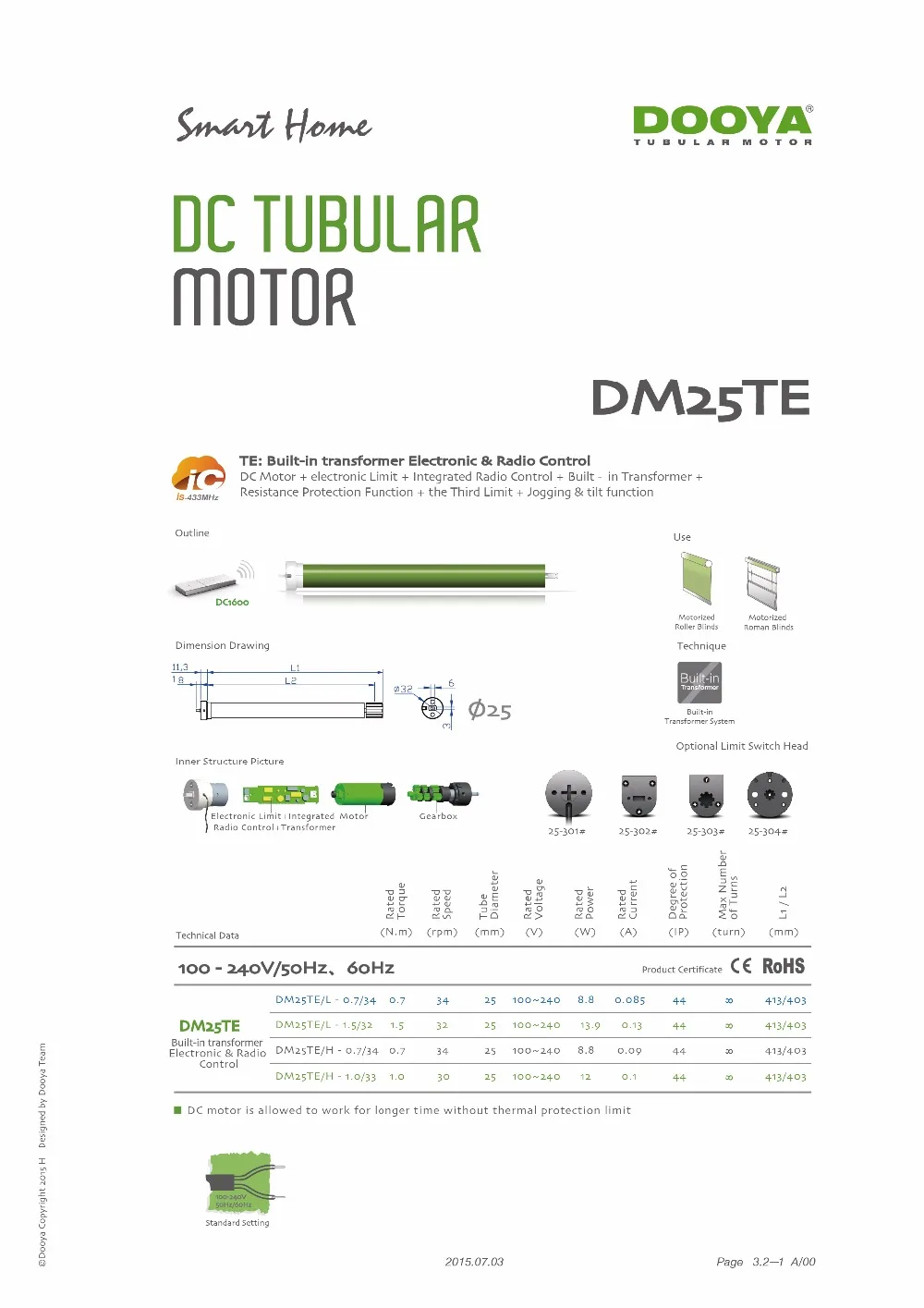 Dooya трубчатый двигатель DM25TE/L 1.1 DM25TE с одним каналом/15 канальным излучателем 38 мм