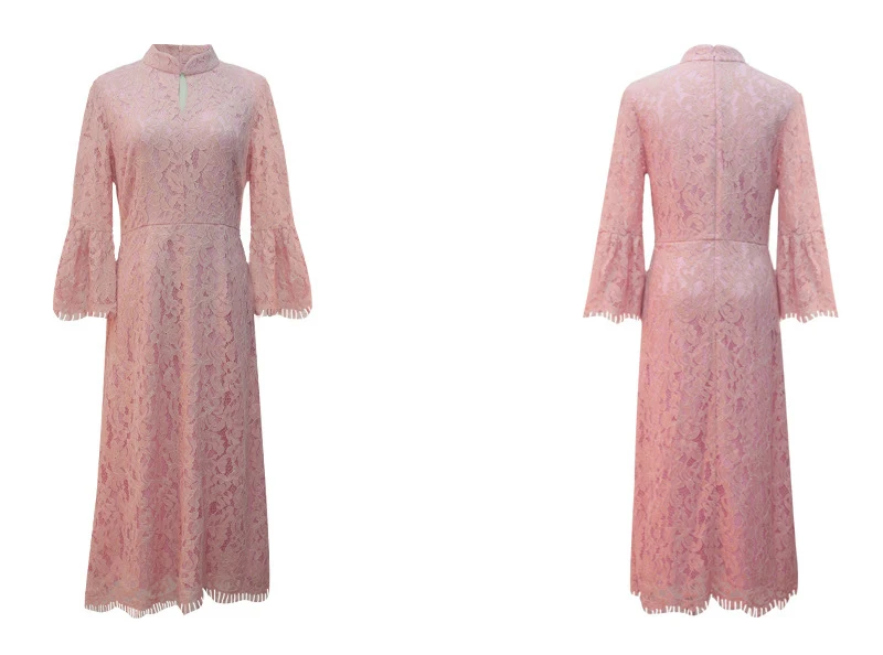 Женское платье размера плюс L-5XL, винтажное элегантное кружевное платье со стоячим воротником, розовое Открытое платье 3/4 с расклешенными рукавами, облегающее и расклешенное платье миди, вечерние платья