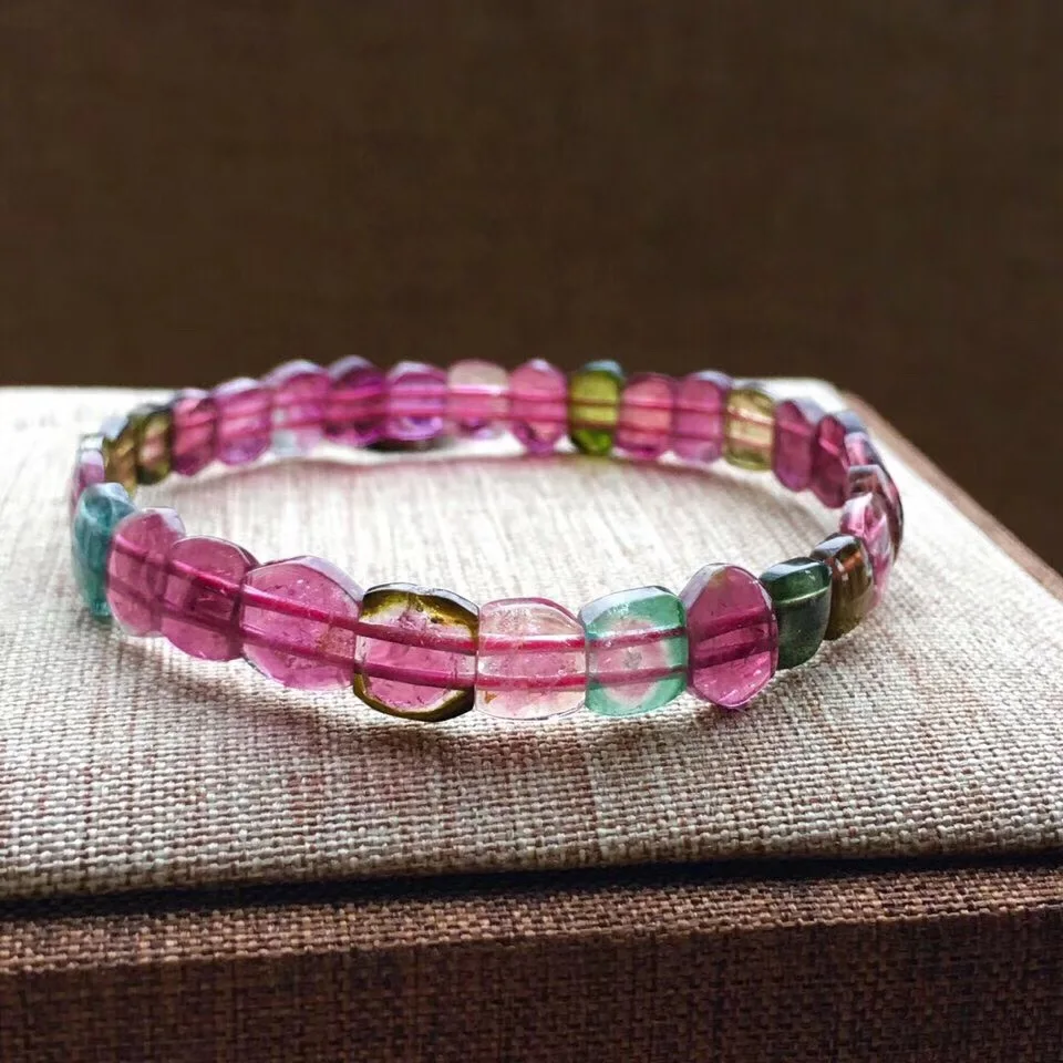 

Genuine Natural Tourmaline Quartz Bangle Bracelet Women Men Love Gift Crystal 7x6mm Pink Rectangle Beads Fashion Bangle AAAAA