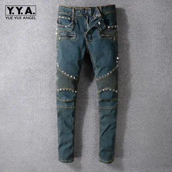 

Vintage Washed Mens Biker Jeans Punk Style Studded Slim Fit Pleated Pencil Pants Rivet Motorcycle Denim Pants Big Size Trousers