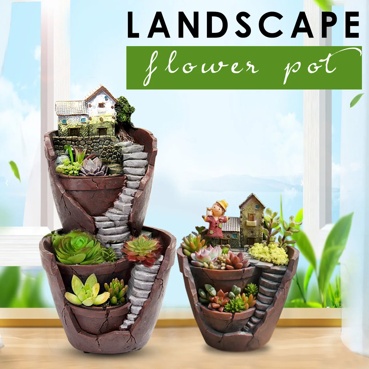 

Micro Landscape Flower Pot Double-Layer Succulents Plants Pot Holder Hanging Garden Flowers Baskets House Bonsai Home Decoration