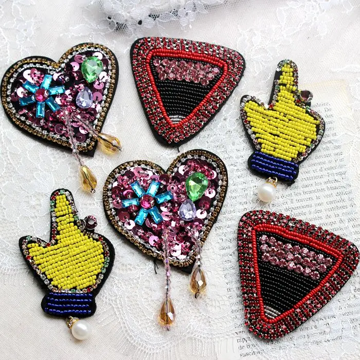 Handmade Rhinestone beaded Patches ,hand,heart,shield Sew on Crystal
