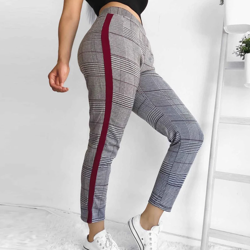 

Women Trousers Stretch High Waist Straight Female Pencil Pants Plaid Retro Sided Stripe Ladies Sweatpants Elastic Tapered Capris