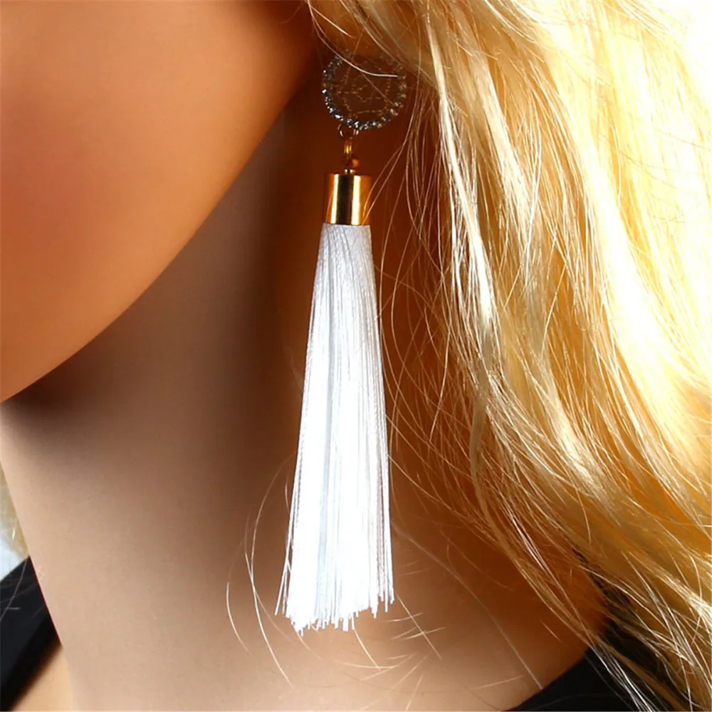 

New Bohemian Crystal Tassel Earrings Black White Blue Red Pink Silk Fabric Long Drop Dangle Tassel Earrings For Women Jew