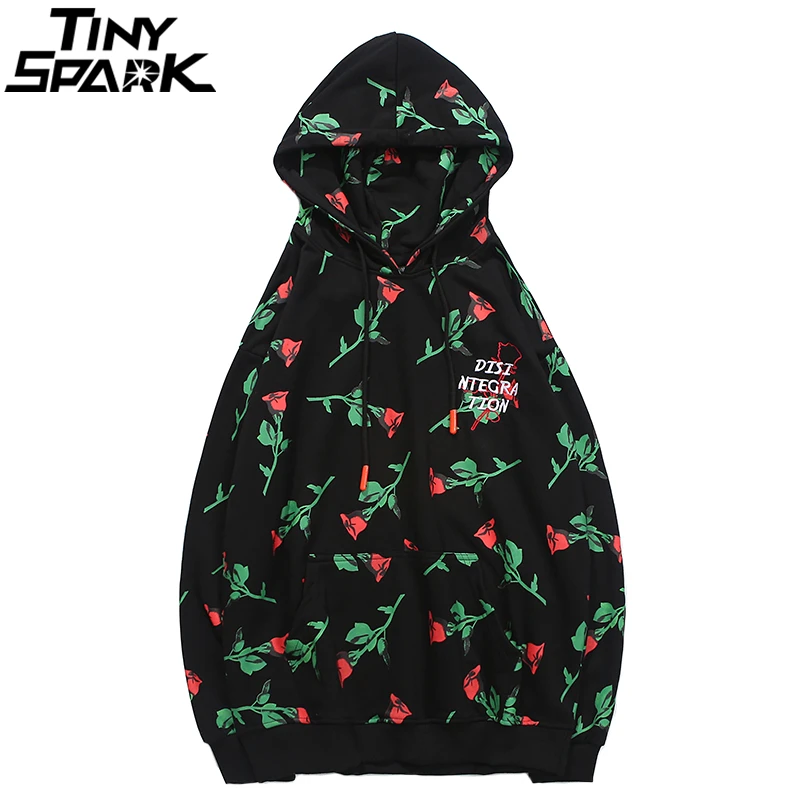 Harajuku Floral Hoodie Sweatshirt Streetwear Mens Hip Hop Pullover Hoodies Red Rose Print