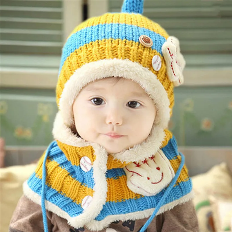 Дети унисекс вязаные шапки шарф Набор милый зимняя теплая шапочка шарф с капюшоном Новые