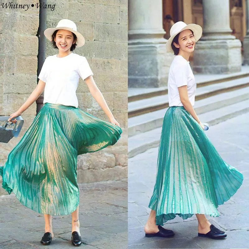 WHITNEY WANG весна лето мода уличная Высокая талия металлические женские плиссированные юбки женские s