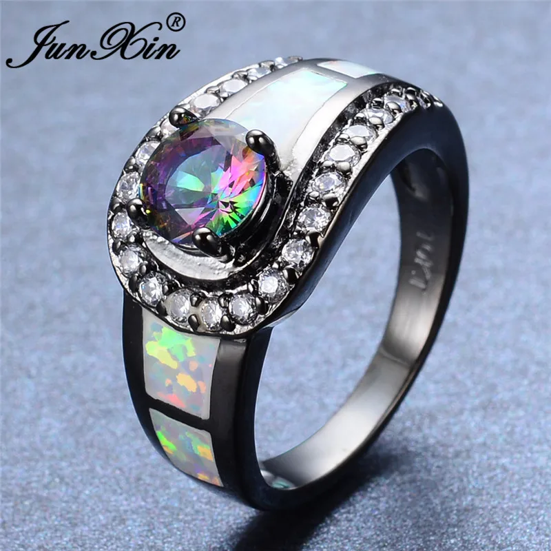 JUNXIN Boho Rainbow Fire Zircon White Fire Opal Rings For Women Black Gold Filled Round Stone Engagement Ring Female Crystal CZ