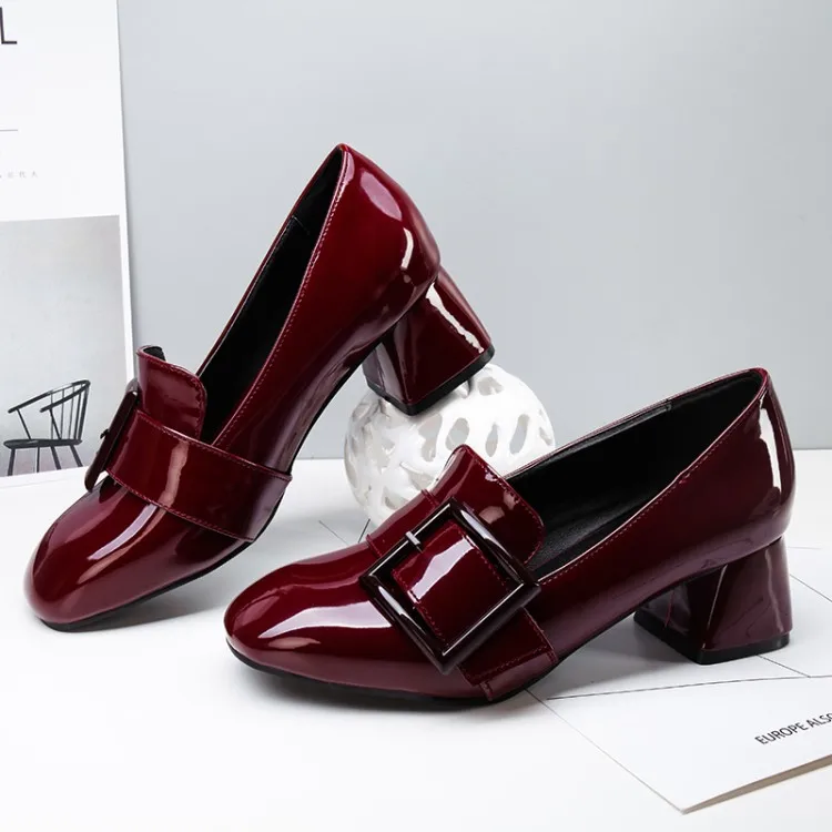 Women's Patent Leather Mid Heels Pumps Buckle Comfortable Shallow Square Toe Office Ladies Pumps Shoes CerdaChic Plus Size Women's Shoes