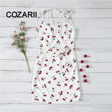 Allover Cherry Print Cami bowknot Dress Women Spaghetti Strap Sleeveless Zipper Weekend Casual Dress 2018 Loose Short Dress allover geometric print dress