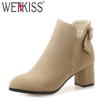 

WETKISS High Heels Ankle Women Boots Round Toe Short Plush Butterfly Knot Footwear Female Bootie Winter Casual Shoes Women 2018