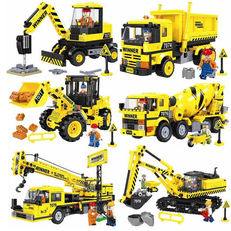 

City Construction Engineering Vehicles Legoings Excavator Bulldozer Crane Cement Mixer Dump Truck Loader Building Block Toys