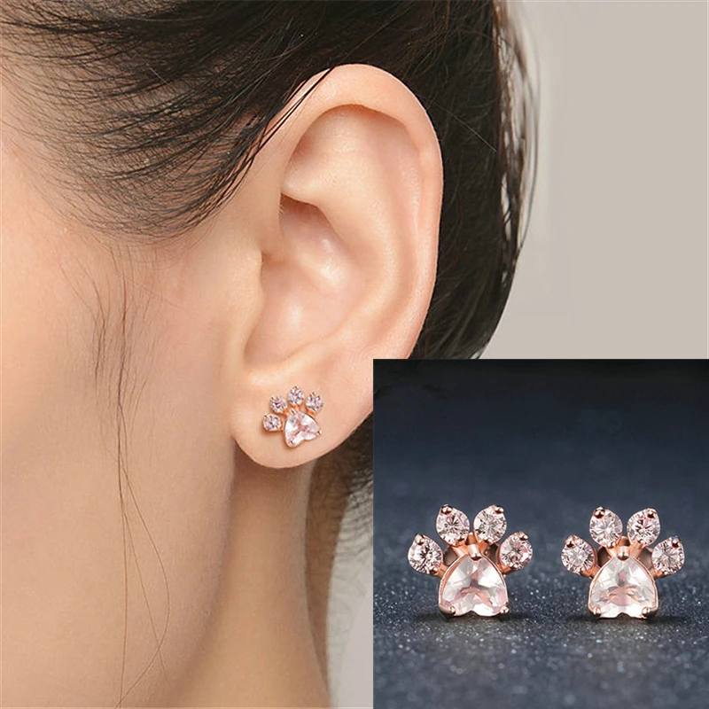 

Hot sale Shiny Pink Stud Earrings Bear Jewelry Dog Paw Print Earring Female Piercing Rose Gold Small Animal Earrings for Women
