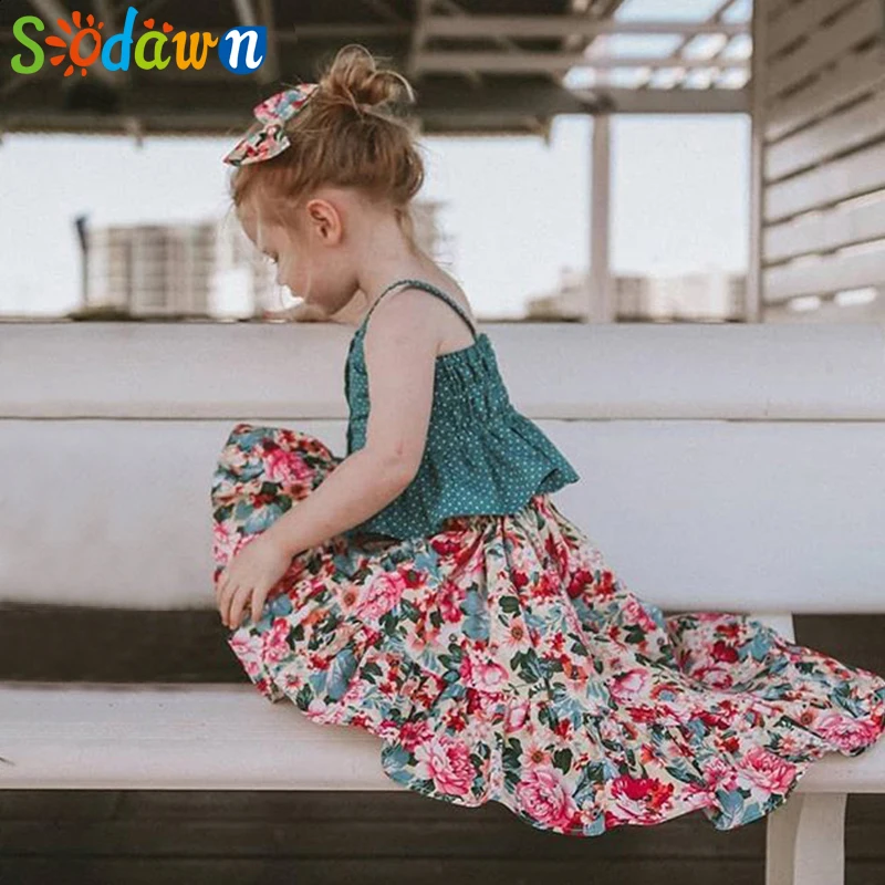 Sodawn 2019 الفتيات مجموعة الصيف الطفل الفتيات الملابس مجموعة لطيف فتاة حزام أعلى غير النظامية الزهور اللباس 2 قطعة مجموعة الأطفال ارتداء
