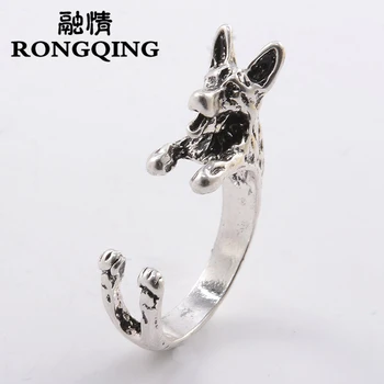 

RONGQING 10pcs/lot Retro Punk German Shepherd Ring Free Size Hippie Animal German Shepherd Dog Ring jewelry for pet lovers