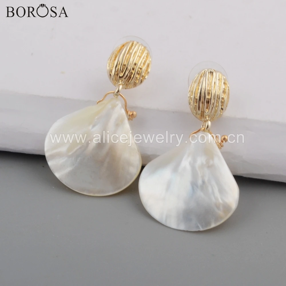 

BOROSA 10Pairs Trendy Gold Color Fan Shape Natural White Shell Slice Mother of Pearl Drop Earrings Jewelry Summer Style WX1101