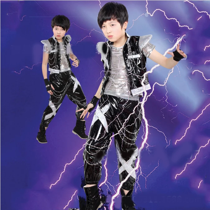 Boy's Jazz Dance Costume Set New Kids Sequin Top & Harem Pants Sets Fashion Mordern Children Hip Hop Clothing