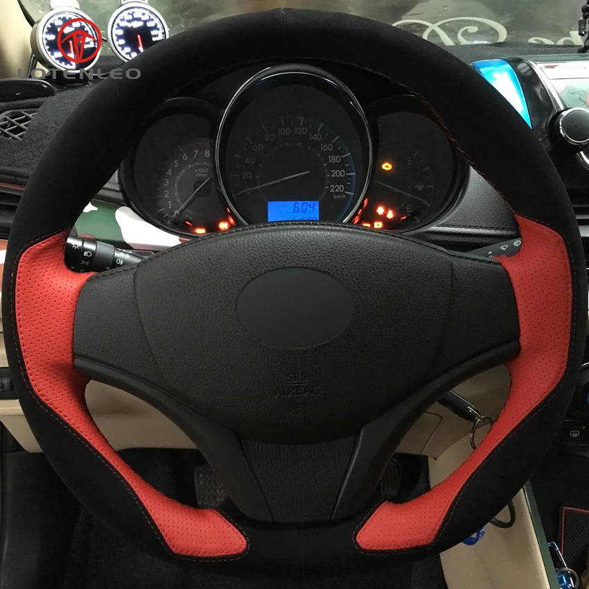 

LQTENLEO Black Suede Orange Leather DIY Hand-stitched Car Steering Wheel Cover for Toyota Yaris Vios 2014-2016