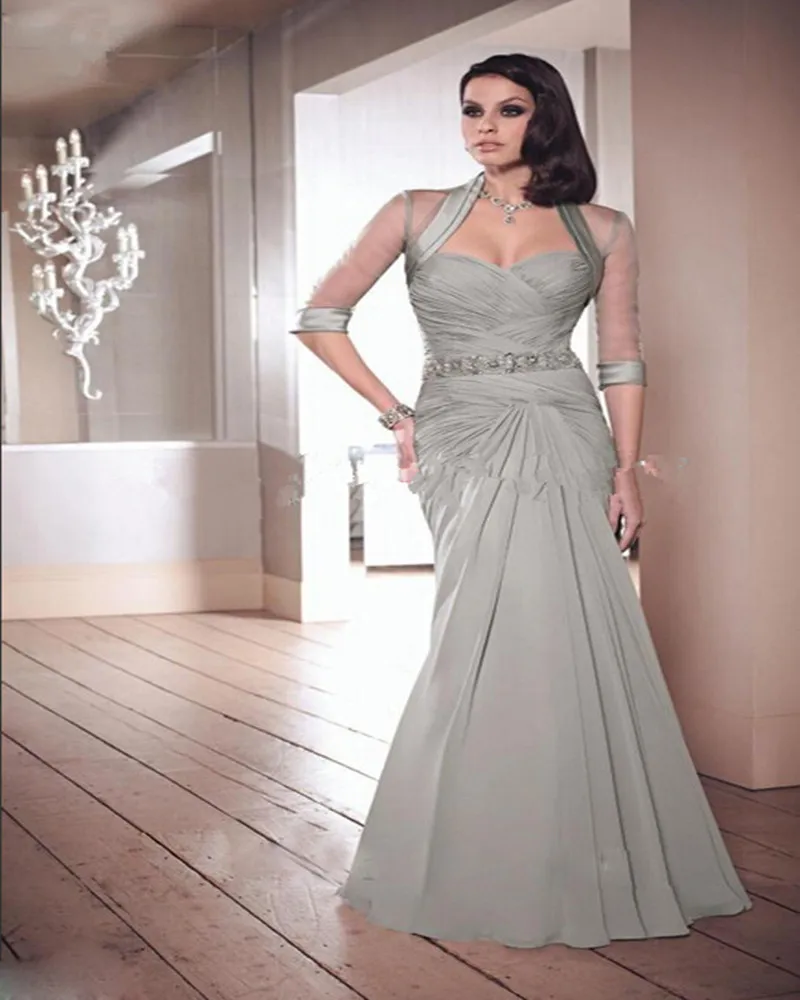 

Fashion Silver Beaded Waist Pleats Mermaid Long Evening Dresses with Jacket Formal Dresses Social Occasion Gowns