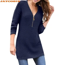 JAYCOSIN популярный высококачественный Женский Однотонный свитер с длинным рукавом и v-образным вырезом на молнии, вязаный свитер, топы, свитер для женщин