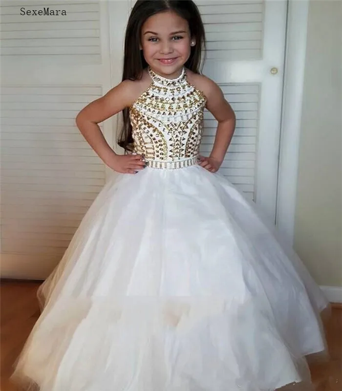 White Ball Gown Pageant Dresses High Neck Halter Gold Crystal Tulle Backless Toddler Little