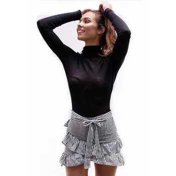 

Women's High Waist Flared Asymmetrical Layered Ruffle Bow Plaid Striped Pleated Skirt A-Line Short Mini Skirts