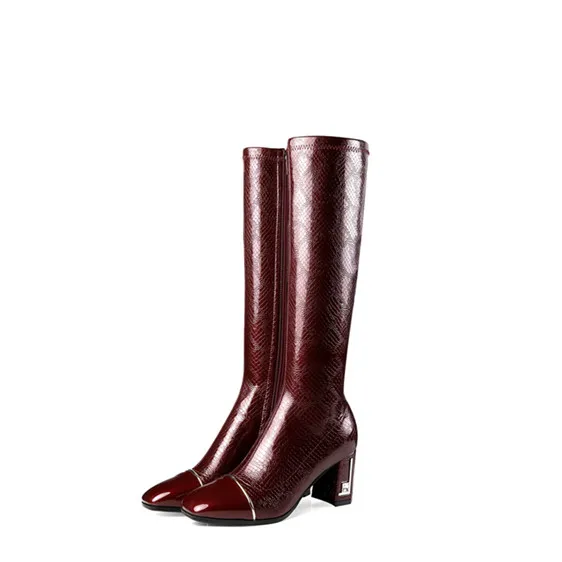 MORAZORA/Новинка года; сапоги до колена винно-красного цвета; женские сапоги из лакированной кожи с квадратным носком; Модные эластичные сапоги на высоком каблуке на молнии