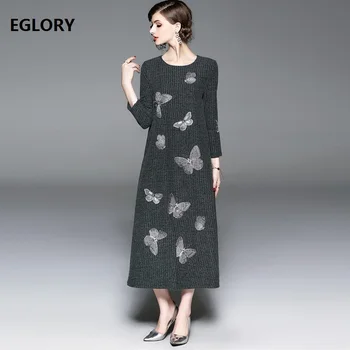 

Brand New Sweater Dress 2018 Autumn Winter Dress Women O-Neck Butterfly Embroidery Knitting Long Sweater Knitted Dress Plus Size