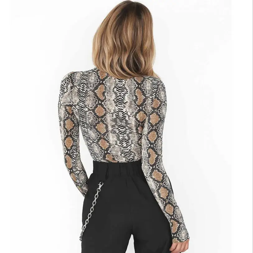 Sexy snakeskin grain long-sleeved jumpsuit women 2019 autumn and winter new slim one-piece trousers with high collar black bodysuit