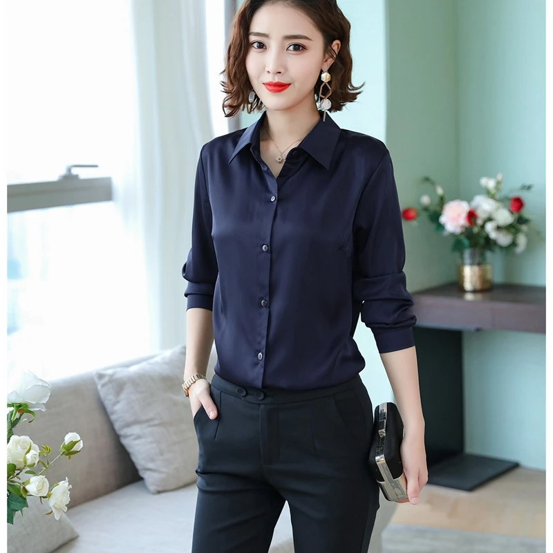  Stinlicher 2019 New Women Office work shirts female OL elegant high quality silk satin long sleeve 