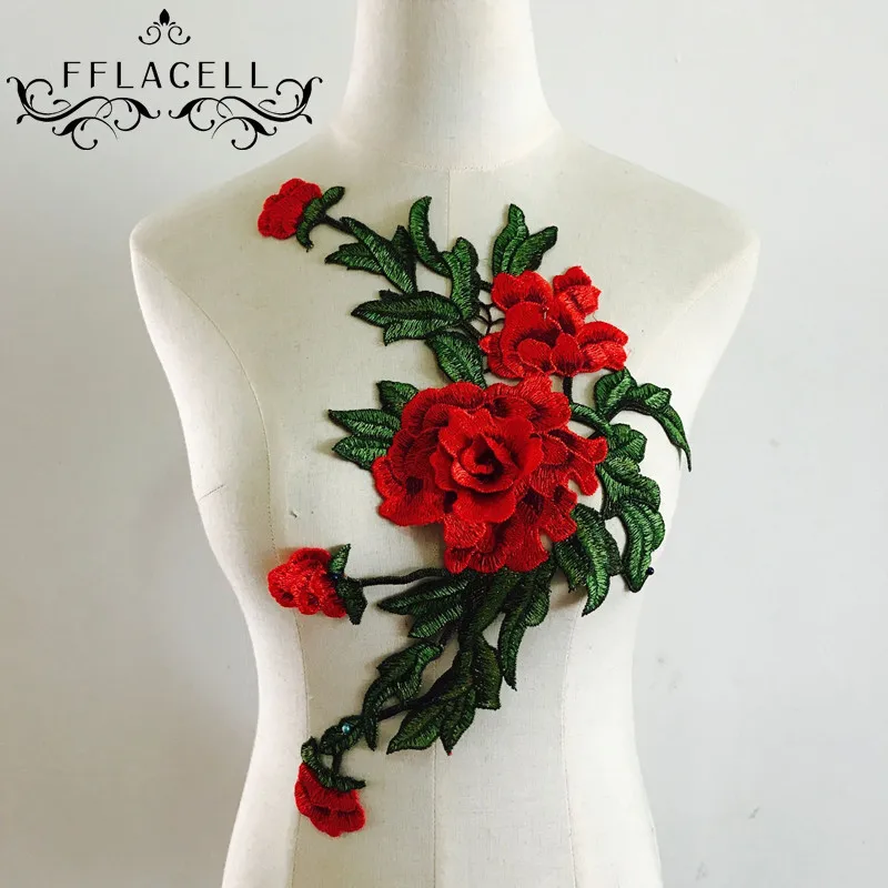 

FFLACELL Patches Sew-on Red Rose Flower Embroidery Patch Motif Applique Children Women DIY Clothes Sticker Wedding
