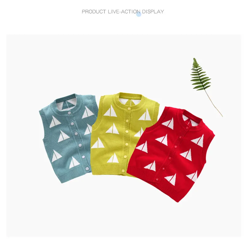 Sailboat Baby Sweater Vest Toddler Kids Boys Girls Crochet Tops Cotton Soft Comfortable O-Neck Button Closure for Spring Autumn