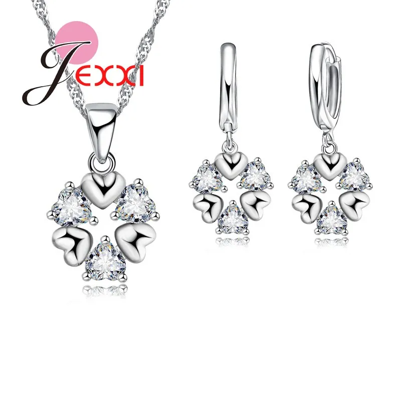 

JEXXI Romantic Women Wedding Jewelry Heart Shape Metal And Crystal Charm Pendant Fashion Silver Bridal Necklace Earring Set