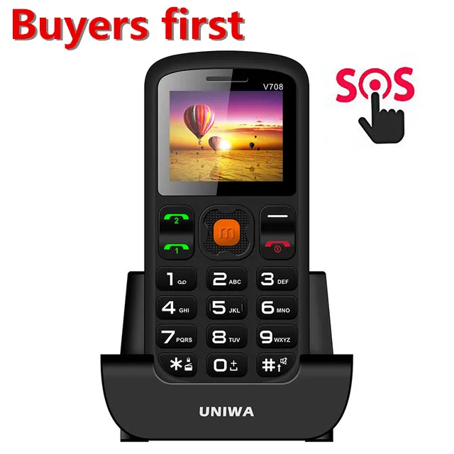 

2018 Uniwa V708 Charging Cradle Senior Kids Feature Keypad Mobile Phone Push Big SOS Large Button Key Dual SIM Cards Cellphone