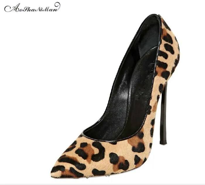 2017 spring women pumps supper high heel shoes Fashion sexy Leopard with fur heels top quality thin heel dress shoes 34-41