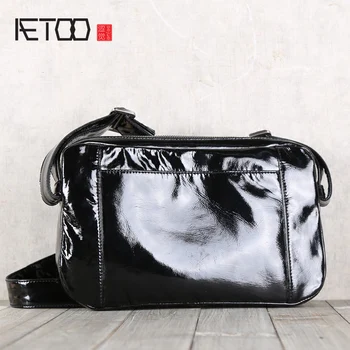 

AETOO Men's leather one-shoulder oblique cross handbag sheepskin soft bag bright leather casual leather handbag