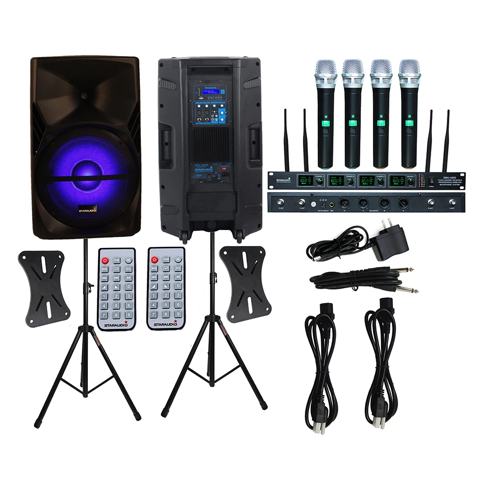 

STARAUDIO Pair 3500W Powered 15" PA DJ Active RGB Light Speakers DJ Stage Stands 4CH UHF Wireless Handheld Microphone SPS-15RGB