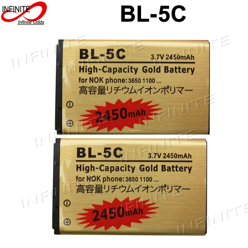 2 шт 2450mAh BL-5C BL 5C золотой аккумулятор для Nokia 1100 3650 1111 1110i 1112 1208 1209 1600 1680 2112 2118 2280 C2-06