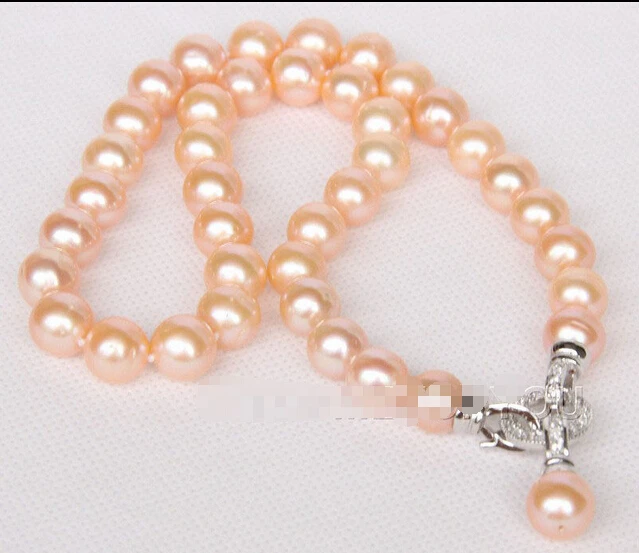 

Free shipping >>>>>>17" 11mm natural round pink pearls necklace pendant Platinum Plated clasp e2506