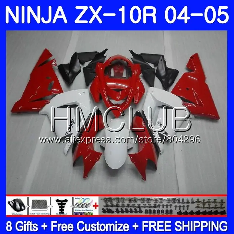 

Bodywork For KAWASAKI Red white NINJA ZX1000 C ZX 10 R ZX-10R 04 05 22HM.17 ZX10R 04 05 ZX1000C ZX 10R 2004 2005 Fairing kit
