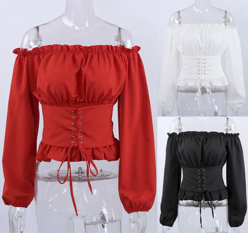 

Fashion Women T-shirt Off Shoulder Tops Long Sleeve Bandage Casual Tops T-Shirts Summer New Women Clothes